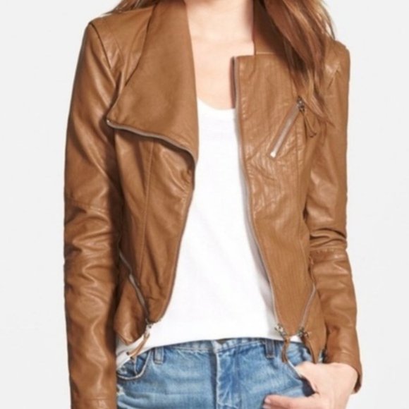 NWT Blank NYC Faux Leather Brown Moto Jacket Zips NEw With Tags Sz Small Medium - Picture 2 of 14